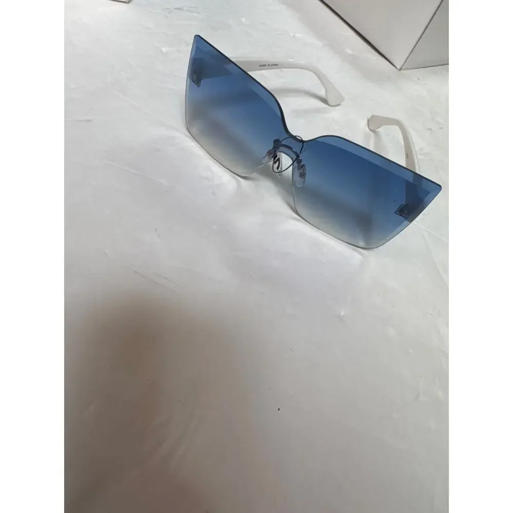 Rimless Cat Eye Sunglasses UV400 Women Light Blue Lens White New
